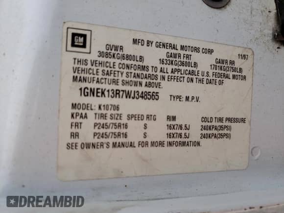 1998 Chevrolet Tahoe z VIN 1GNEK13R7WJ348565, wystawiony jako Copart lot #53375725 z przebiegiem 176 919 mil mil oraz Szkoda całkowita • Salvage title. Historia ofert i sprzedaży dostępna na DreamBid. Obrazek 15.
