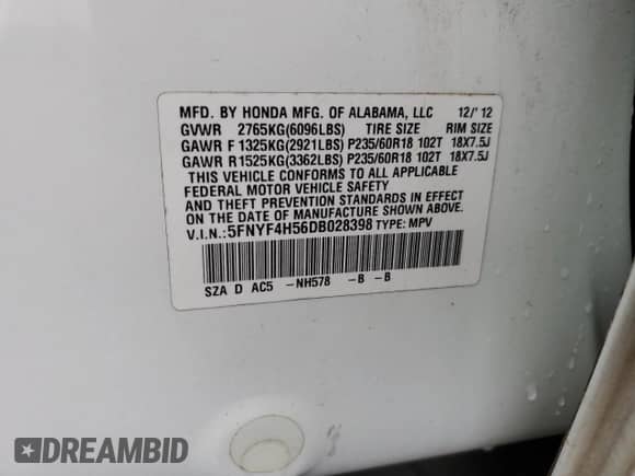 2013 Honda Pilot EX-L with VIN 5FNYF4H56DB028398, listed as a Copart auction lot 81926395 with 83,635 mi miles and Salvage title. Bid and sale history available at DreamBid. Image 13.