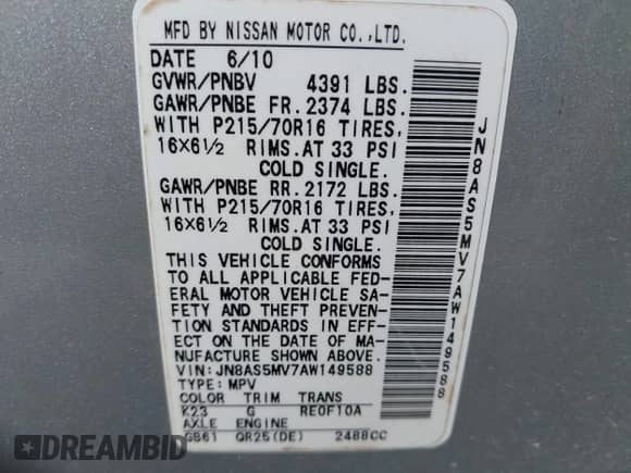 2010 Nissan Rogue S with VIN JN8AS5MV7AW149588, listed as a IAAI auction lot 43337712 with 190,312 mi miles and . Bid and sale history available at DreamBid. Image 9.