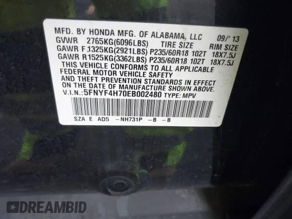 2014 Honda Pilot EX-L with VIN 5FNYF4H70EB002480, listed as a IAAI auction lot 41407191 with 284,659 mi miles and . Bid and sale history available at DreamBid. Image 9.