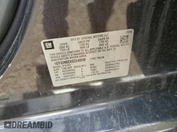 2016 GMC Sierra 1500 SLT with VIN 1GTV2NECXGZ249508, listed as a Copart auction lot 56311695 with 118,289 mi miles and Salvage title. Bid and sale history available at DreamBid. Image 12.