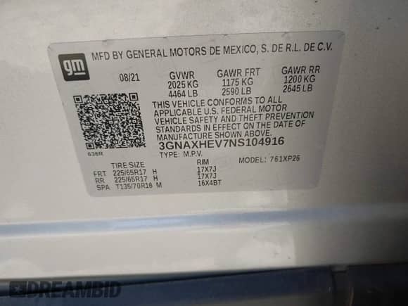 2022 Chevrolet Equinox LS with VIN 3GNAXHEV7NS104916, listed as a IAAI auction lot 42724906 with 21,451 mi miles and . Bid and sale history available at DreamBid. Image 9.