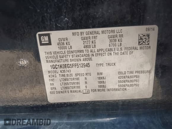 2015 Chevrolet Silverado 3500HD with VIN 1GC1K0EG5FF512945, listed as a IAAI auction lot 43138447 with 91,028 mi miles and . Bid and sale history available at DreamBid. Image 9.