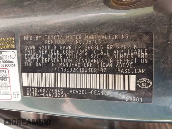 2006 Toyota Camry LE with VIN 4T1BE32K16U109137, listed as a IAAI auction lot 43467991 with 248,356 mi miles and . Bid and sale history available at DreamBid. Image 9.