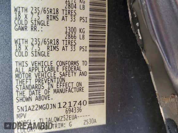 2018 Nissan Murano SV z VIN 5N1AZ2MG0JN121740, wystawiony jako Copart lot #70685715 z przebiegiem 113 540 mil mil oraz Szkoda całkowita • Salvage title. Historia ofert i sprzedaży dostępna na DreamBid. Obrazek 13.