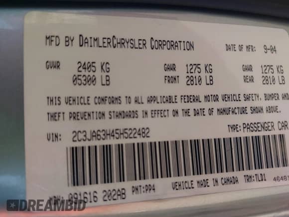 2005 Chrysler 300 C with VIN 2C3JA63H45H522482, listed as a IAAI auction lot 43295388 with 164,640 mi miles and . Bid and sale history available at DreamBid. Image 9.