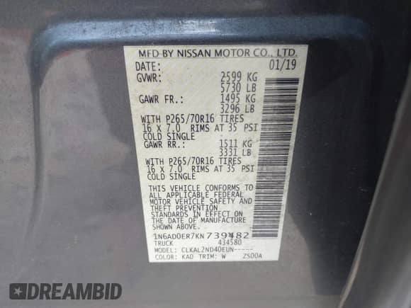 2019 Nissan Frontier SV with VIN 1N6AD0ER7KN739482, listed as a IAAI auction lot 43059507 with 137,796 mi miles and . Bid and sale history available at DreamBid. Image 9.