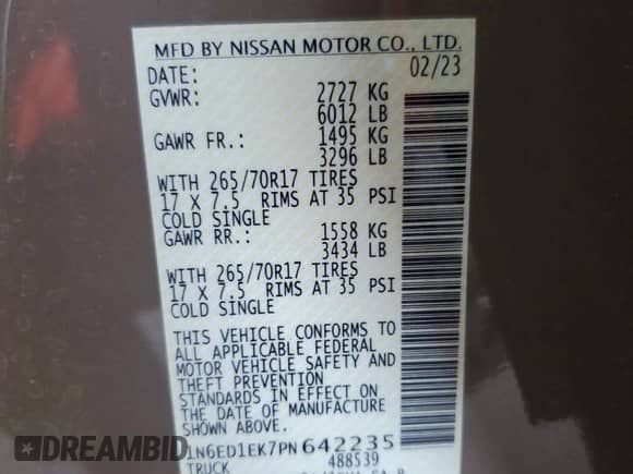 2023 Nissan Frontier Pro-4X с VIN 1N6ED1EK7PN642235, выставлен на аукционе Copart как лот 62079635 с пробегом 70 733 миль миль и Списание • Salvage title. История ставок и продаж доступна на DreamBid. Изображение 12.