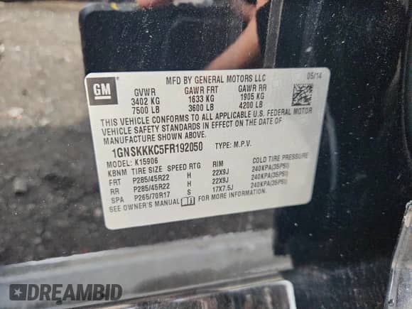 2015 Chevrolet Suburban LTZ с VIN 1GNSKKKC5FR192050, выставлен на аукционе Copart как лот 71635945 с пробегом 235 667 миль миль и Списание • Salvage title. История ставок и продаж доступна на DreamBid. Изображение 13.