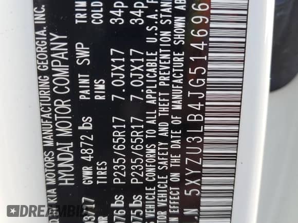 2018 Hyundai Santa Fe 2.4L с VIN 5XYZU3LB4JG514696, выставлен на аукционе Copart как лот 81977915 с пробегом Не указан миль и Списание • Salvage title. История ставок и продаж доступна на DreamBid. Изображение 14.