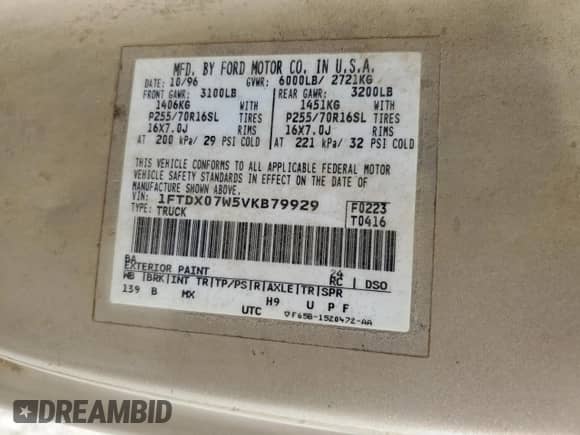 1997 Ford F-150 XL с VIN 1FTDX07W5VKB79929, выставлен на аукционе Copart как лот 63647125 с пробегом 82 998 миль миль и Списание • Salvage title. История ставок и продаж доступна на DreamBid. Изображение 12.