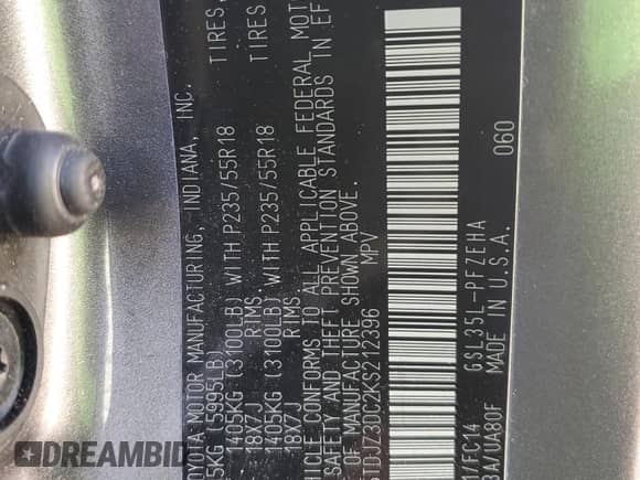 2019 Toyota Sienna LE with VIN 5TDJZ3DC2KS212396, listed as a Copart auction lot 54660275 with 234,243 mi miles and Salvage title. Bid and sale history available at DreamBid. Image 13.