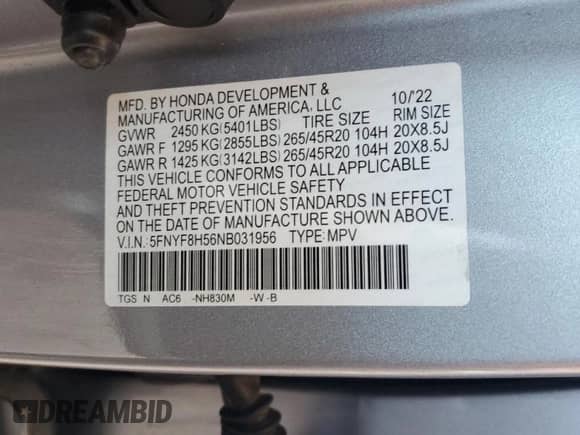 2022 Honda Passport EX-L with VIN 5FNYF8H56NB031956, listed as a Copart auction lot 62605375 with 15,370 mi miles and Salvage title. Bid and sale history available at DreamBid. Image 13.