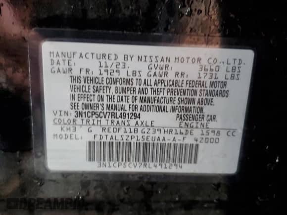 2024 Nissan Kicks SV with VIN 3N1CP5CV7RL491294, listed as a Copart auction lot 65155785 with 37,574 mi miles and Non repairable. Bid and sale history available at DreamBid. Image 14.