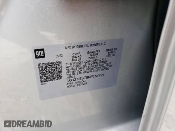 2022 Chevrolet Malibu LS с VIN 1G1ZC5ST8NF154424, выставлен на аукционе Copart как лот 69401575 с пробегом 70 316 миль миль и Списание • Salvage title. История ставок и продаж доступна на DreamBid. Изображение 12.