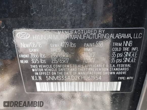 2019 Hyundai Santa Fe SEL Plus with VIN 5NMS33AD2KH061954, listed as a IAAI auction lot 43180926 with 90,107 mi miles and . Bid and sale history available at DreamBid. Image 9.