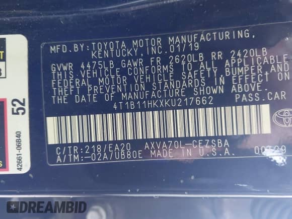 2019 Toyota Camry LE с VIN 4T1B11HKXKU217662, выставлен на аукционе IAAI как лот 42639751 с пробегом 208 492 миль миль и . История ставок и продаж доступна на DreamBid. Изображение 9.