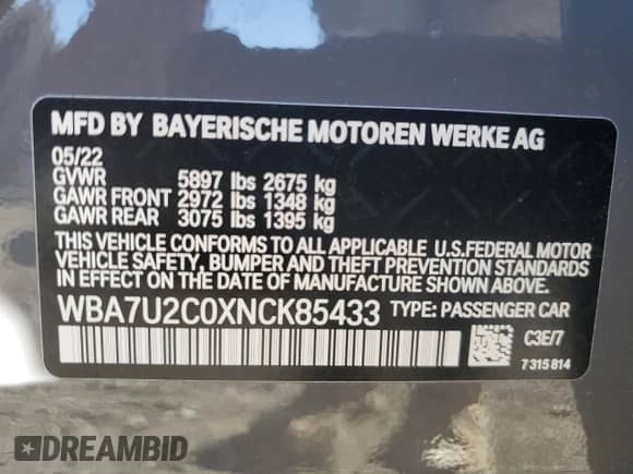 2022 BMW 7 Series 750i xDrive with VIN WBA7U2C0XNCK85433, listed as a Copart auction lot 74034664 with 26,050 mi miles and Salvage title. Bid and sale history available at DreamBid. Image 12.