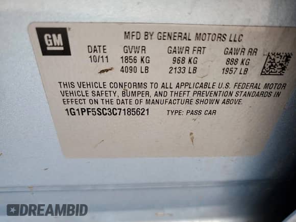 2012 Chevrolet Cruze 1LT z VIN 1G1PF5SC3C7185621, wystawiony jako Copart lot #86117745 z przebiegiem 96 191 mil mil oraz Szkoda całkowita • Salvage title. Historia ofert i sprzedaży dostępna na DreamBid. Obrazek 12.