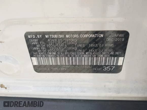 2020 Mitsubishi Outlander ES с VIN JA4AR3AU4LU019252, выставлен на аукционе IAAI как лот 43293877 с пробегом 133 171 миль миль и . История ставок и продаж доступна на DreamBid. Изображение 9.