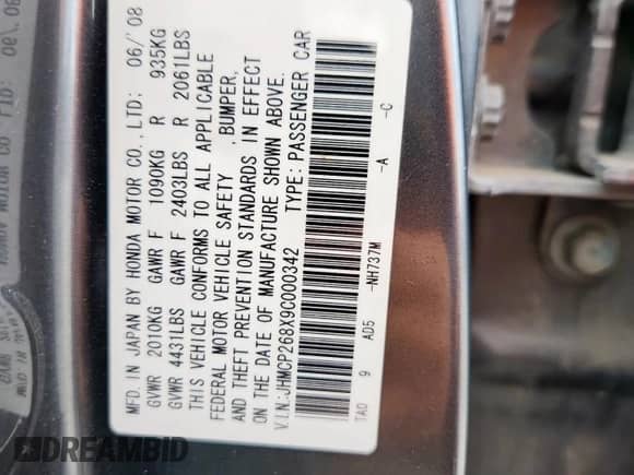 2009 Honda Accord EX-L z VIN JHMCP268X9C000342, wystawiony jako Copart lot #81275265 z przebiegiem 242 967 mil mil oraz Szkoda całkowita • Salvage title. Historia ofert i sprzedaży dostępna na DreamBid. Obrazek 13.