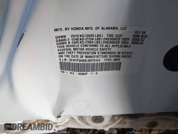 2020 Honda Pilot Touring 7-Passenger с VIN 5FNYF5H6XLB016364, выставлен на аукционе IAAI как лот 41802886 с пробегом 74 778 миль миль и . История ставок и продаж доступна на DreamBid. Изображение 9.