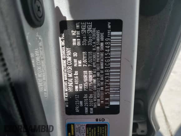 2012 Hyundai Santa Fe Limited with VIN 5XYZK3AB1CG154489, listed as a Copart auction lot 84259255 with 182,422 mi miles and Salvage title. Bid and sale history available at DreamBid. Image 13.