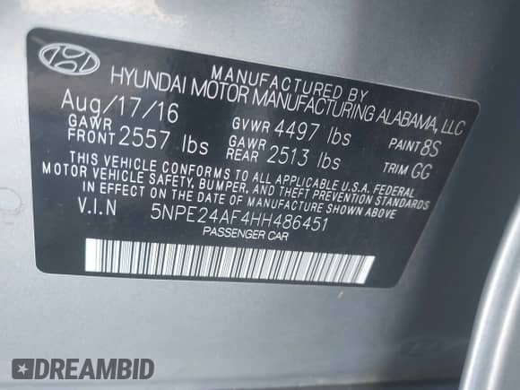 2017 Hyundai Sonata SE with VIN 5NPE24AF4HH486451, listed as a IAAI auction lot 42995702 with 96,836 mi miles and . Bid and sale history available at DreamBid. Image 9.