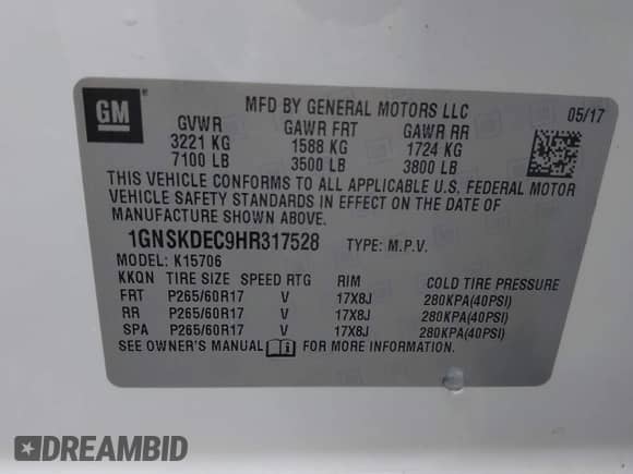 2017 Chevrolet Tahoe Commercial with VIN 1GNSKDEC9HR317528, listed as a IAAI auction lot 43043267 with 124,135 mi miles and . Bid and sale history available at DreamBid. Image 9.