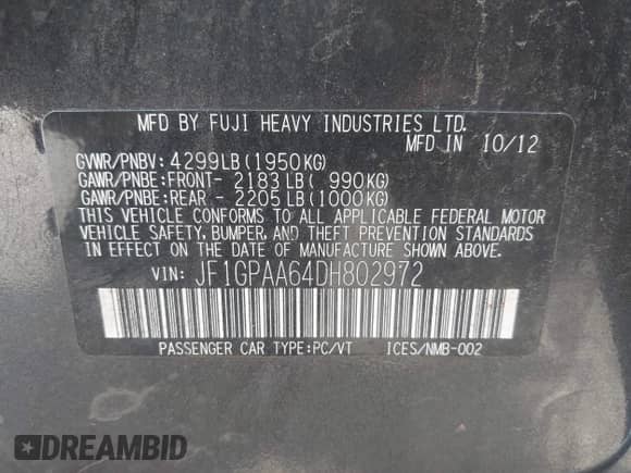 2013 Subaru Impreza 2.0i z VIN JF1GPAA64DH802972, wystawiony jako IAAI lot #43132077 z przebiegiem 129 892 mil mil oraz . Historia ofert i sprzedaży dostępna na DreamBid. Obrazek 9.