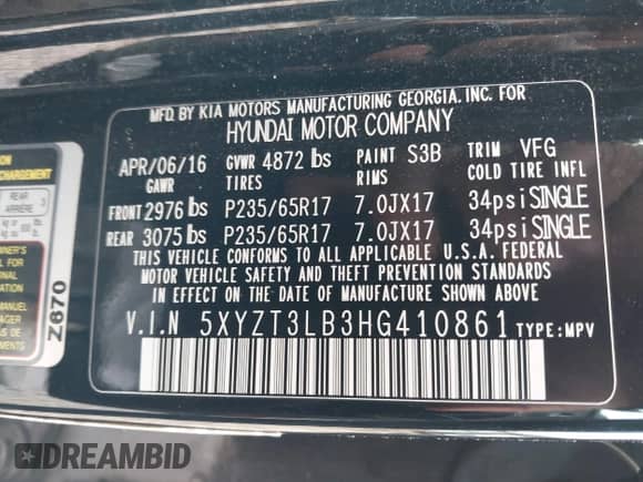 2017 Hyundai Santa Fe 2.4L with VIN 5XYZT3LB3HG410861, listed as a IAAI auction lot 42424412 with 155,296 mi miles and . Bid and sale history available at DreamBid. Image 9.