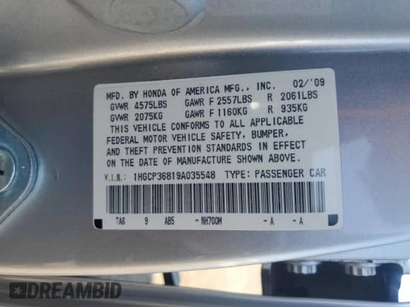2009 Honda Accord EX-L with VIN 1HGCP36819A035548, listed as a Copart auction lot 65632315 with Not provided miles and Salvage title. Bid and sale history available at DreamBid. Image 12.