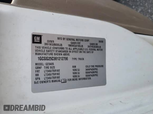 2008 Chevrolet Express Cargo with VIN 1GCGG25C981212796, listed as a Copart auction lot 63806684 with 199,672 mi miles and Salvage title. Bid and sale history available at DreamBid. Image 12.