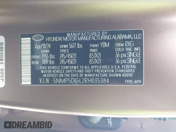 2024 Hyundai Santa Fe Calligraphy z VIN 5NMP5DGL2RH035384, wystawiony jako IAAI lot #42990436 z przebiegiem Nie podano mil oraz . Historia ofert i sprzedaży dostępna na DreamBid. Obrazek 9.