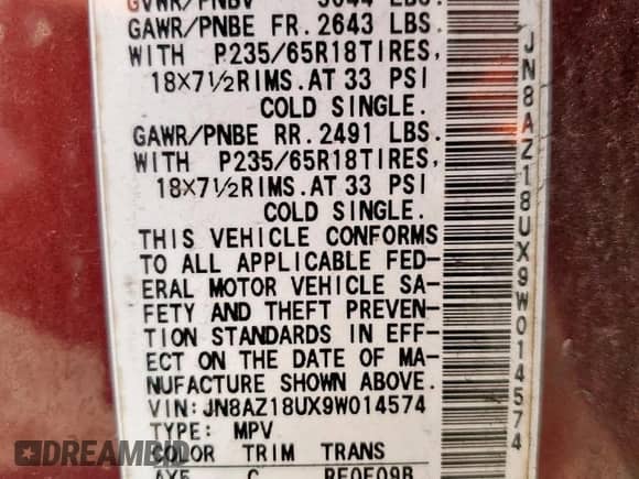 2009 Nissan Murano SL with VIN JN8AZ18UX9W014574, listed as a Copart auction lot 71326535 with 178,126 mi miles and Clean title. Bid and sale history available at DreamBid. Image 13.