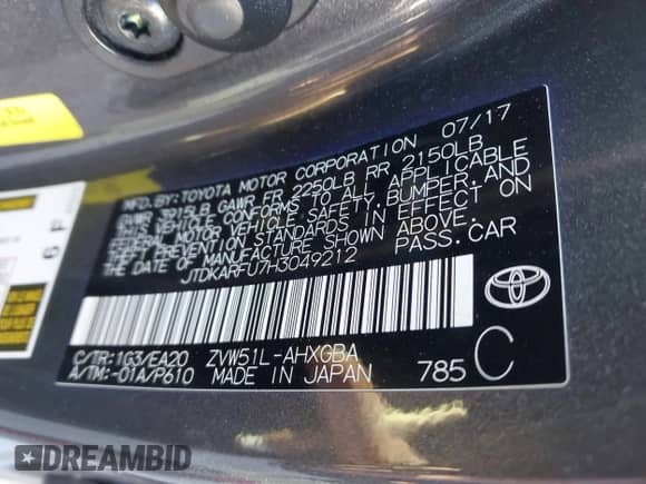 2017 Toyota Prius Two with VIN JTDKARFU7H3049212, listed as a IAAI auction lot 41375499 with 42,994 mi miles and . Bid and sale history available at DreamBid. Image 9.