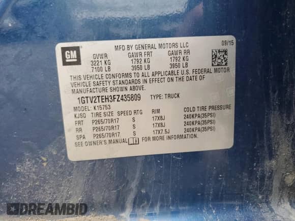 2015 GMC Sierra 1500 with VIN 1GTV2TEH3FZ435809, listed as a Copart auction lot 55843245 with 164,694 mi miles and Clean title. Bid and sale history available at DreamBid. Image 13.
