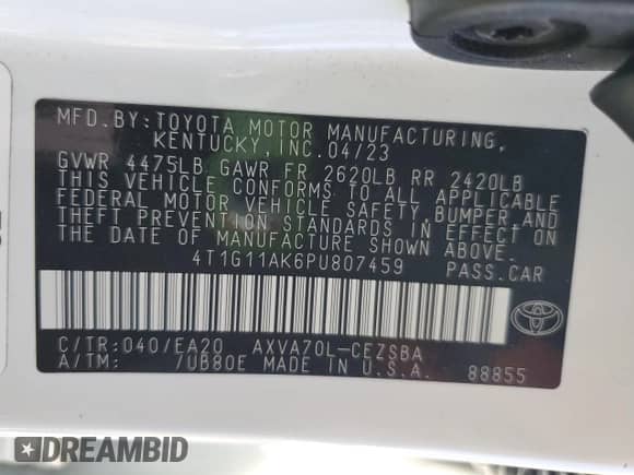 2023 Toyota Camry SE z VIN 4T1G11AK6PU807459, wystawiony jako Copart lot #83850845 z przebiegiem 24 604 mil mil oraz Szkoda całkowita • Salvage title. Historia ofert i sprzedaży dostępna na DreamBid. Obrazek 13.