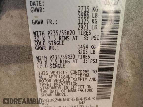 2017 Nissan Pathfinder Platinum with VIN 5N1DR2MN6HC684843, listed as a Copart auction lot 68030105 with 84,870 mi miles and Clean title. Bid and sale history available at DreamBid. Image 13.