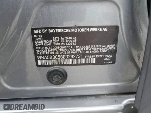 2014 BMW 5 Series 535i xDrive with VIN WBA5B3C58ED292731, listed as a Copart auction lot 80840965 with 179,244 mi miles and Salvage title. Bid and sale history available at DreamBid. Image 12.