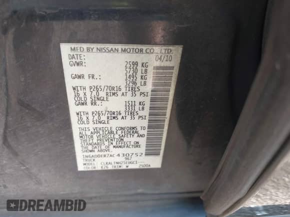 2010 Nissan Frontier SE with VIN 1N6AD0ER7AC430752, listed as a IAAI auction lot 42388224 with 196,042 mi miles and . Bid and sale history available at DreamBid. Image 9.