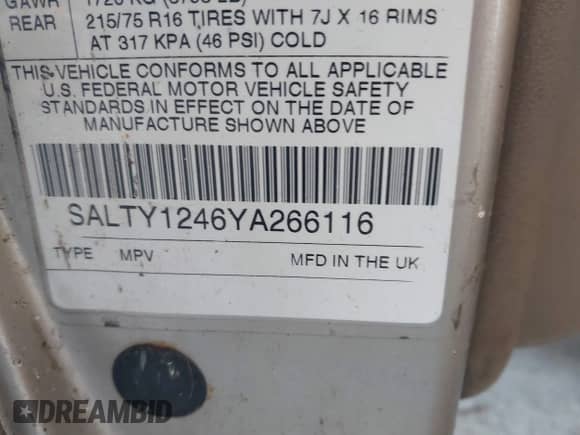 2000 Land Rover Discovery Cloth с VIN SALTY1246YA266116, выставлен на аукционе IAAI как лот 42646287 с пробегом 126 801 миль миль и . История ставок и продаж доступна на DreamBid. Изображение 9.