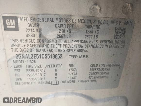 2012 Chevrolet Captiva Sport LT with VIN 3GNAL3E51CS519662, listed as a IAAI auction lot 42965023 with 172,246 mi miles and . Bid and sale history available at DreamBid. Image 9.