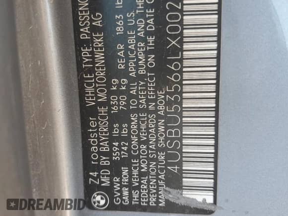 2006 BMW Z4 3.0si с VIN 4USBU53566LX00267, выставлен на аукционе Copart как лот 55820915 с пробегом 143 288 миль миль и Списание • Salvage title. История ставок и продаж доступна на DreamBid. Изображение 12.