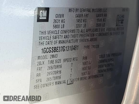 2016 Chevrolet Colorado 2WD WT with VIN 1GCGSBE37G1310481, listed as a Copart auction lot 66731045 with 96,130 mi miles and Salvage title. Bid and sale history available at DreamBid. Image 12.