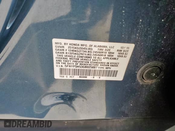 2016 Honda Pilot EX-L z VIN 5FNYF5H53GB025887, wystawiony jako Copart lot #81816315 z przebiegiem 91 389 mil mil oraz Szkoda całkowita • Salvage title. Historia ofert i sprzedaży dostępna na DreamBid. Obrazek 14.