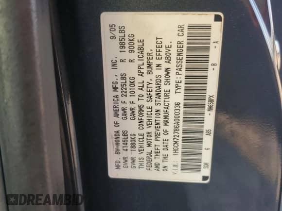 2006 Honda Accord EX with VIN 1HGCM72786A000336, listed as a Copart auction lot 70259945 with 309,355 mi miles and Salvage title. Bid and sale history available at DreamBid. Image 12.