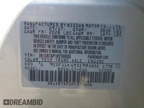 2017 Nissan Sentra SR с VIN 3N1AB7AP1HY399606, выставлен на аукционе Copart как лот 64487515 с пробегом 111 426 миль миль и Списание • Salvage title. История ставок и продаж доступна на DreamBid. Изображение 12.