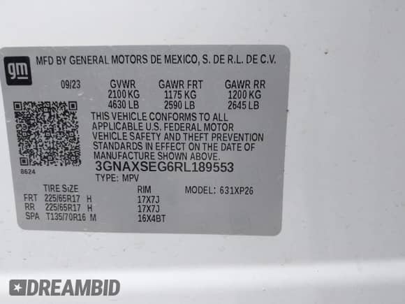 2024 Chevrolet Equinox LS with VIN 3GNAXSEG6RL189553, listed as a IAAI auction lot 43467405 with 83,613 mi miles and . Bid and sale history available at DreamBid. Image 9.