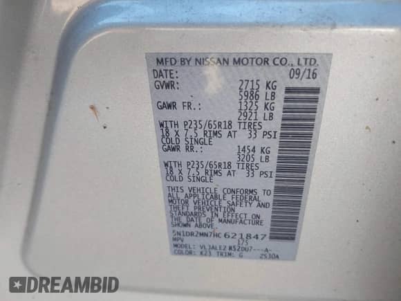 2017 Nissan Pathfinder Platinum с VIN 5N1DR2MN7HC621847, выставлен на аукционе IAAI как лот 42627275 с пробегом 108 348 миль миль и . История ставок и продаж доступна на DreamBid. Изображение 9.